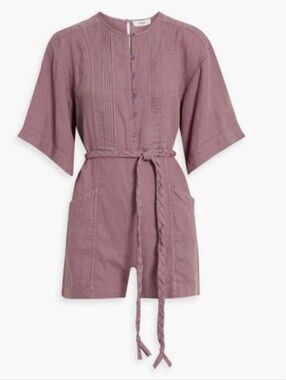 Mauve Button-Front Linen Romper with Waist Tie
